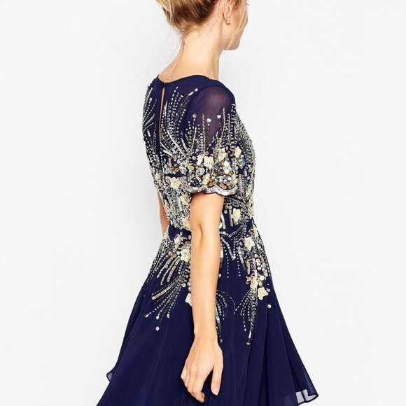 ASOS Gold and Navy Sparkle Mesh Skater Dress - Picture 7 of 8